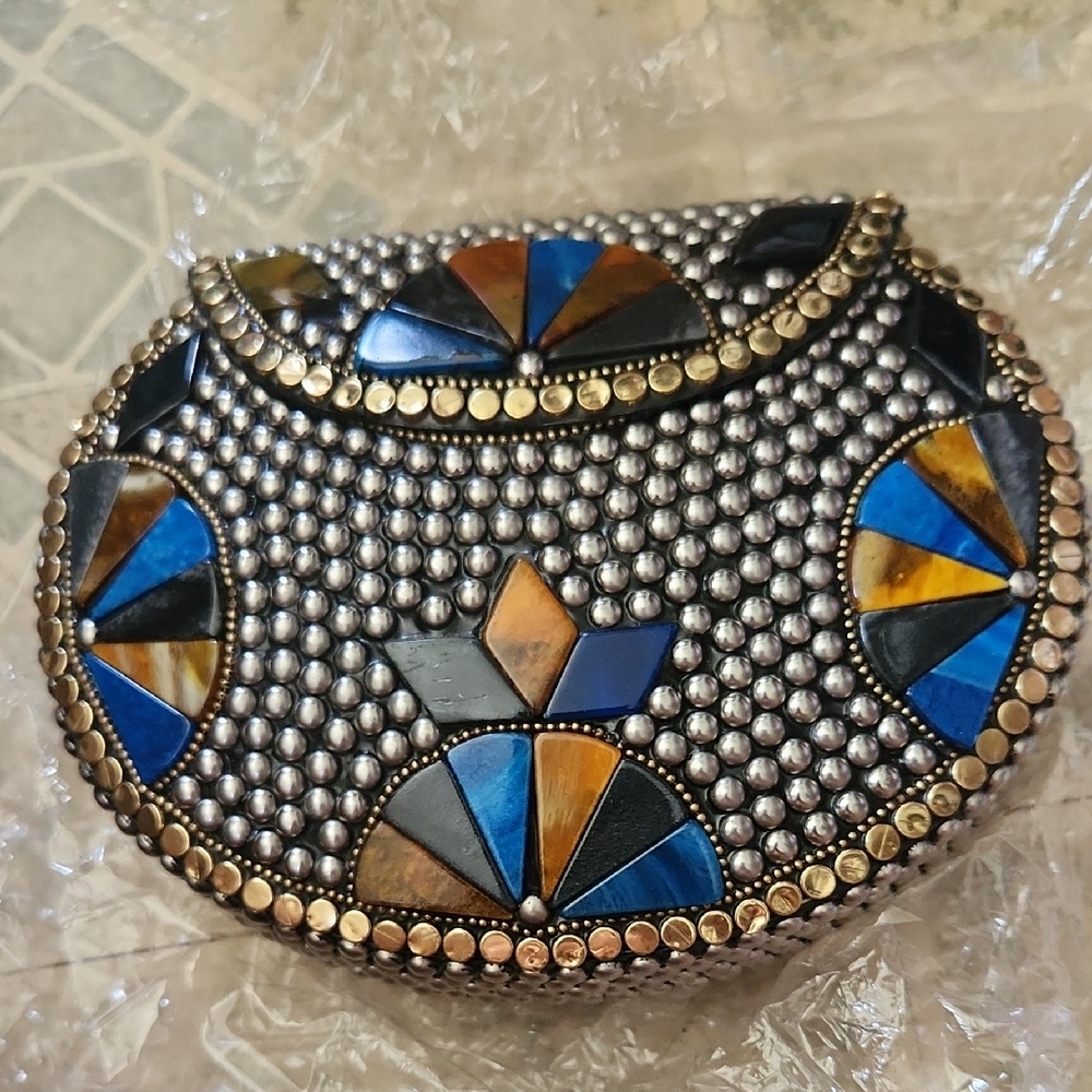 Ramla Mosaic Clutch with Blue and Brown Accents